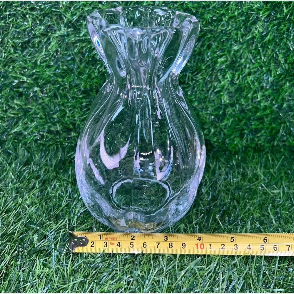 Clear Glass Drawstring Bag Pouch Vase Ruffled Rim Ribbed Texture 7in